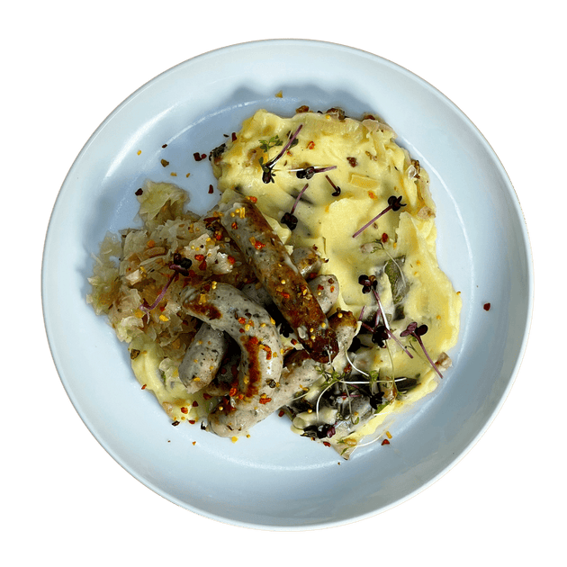 #132 Fränkische Bratwürste auf Kartoffel-Spinat-Stampf mit Sauerkraut & Zwiebelgemüse Fleisch Season Family 