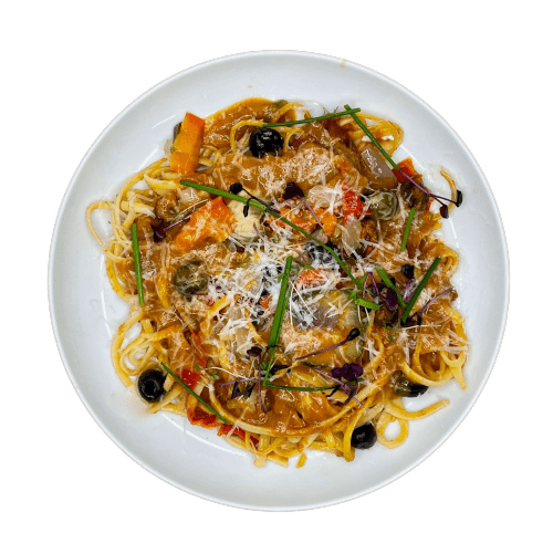 #56 Spaghetti mit Knoblauch dazu Oliven, Cherrytomaten in Tomatensauce Vegetarisch Season Family 